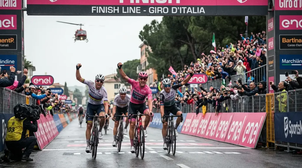 Spannendes Zielfoto einer Radsport-Etappe mit Fahrern im Sprint