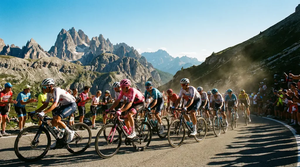Professionelle Radfahrer auf einer Bergetappe in den Dolomiten während des Giro d'Italia