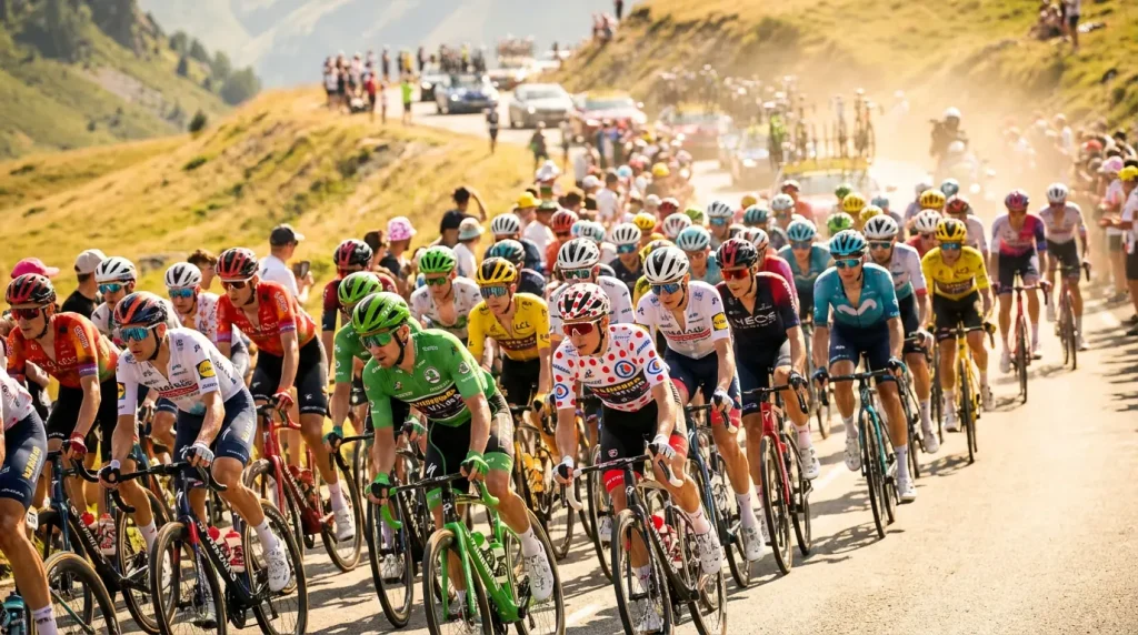 Radfahrer mit grünem und gepunktetem Trikot im Rennpeloton