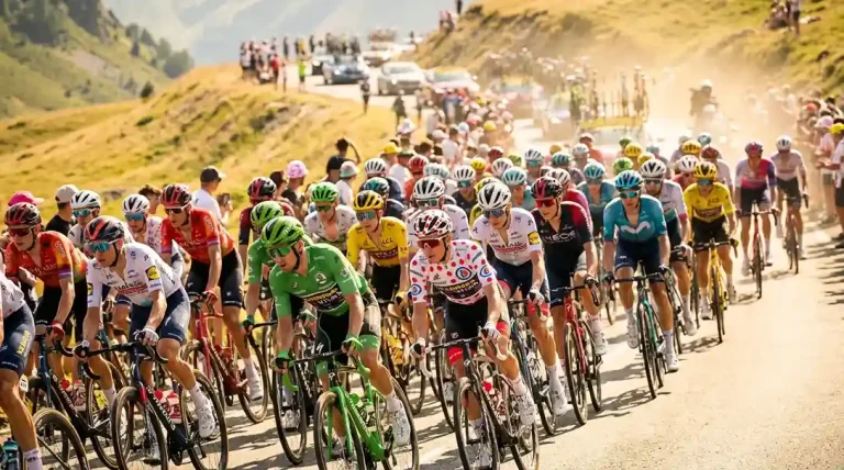 Radfahrer mit grünem und gepunktetem Trikot im Rennpeloton