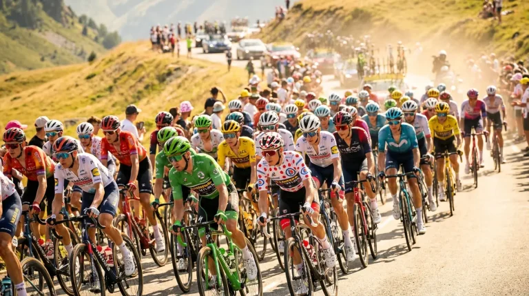 Radfahrer mit grünem und gepunktetem Trikot im Rennpeloton