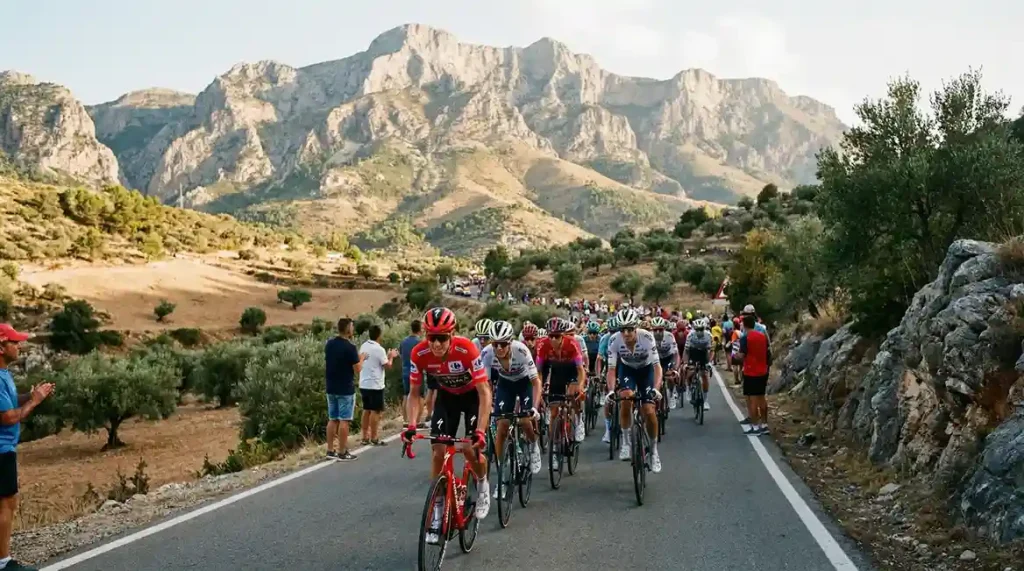 Radsportpeloton auf einer steilen Bergstraße in Spanien während der Vuelta a España