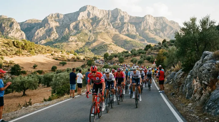 Radsportpeloton auf einer steilen Bergstraße in Spanien während der Vuelta a España