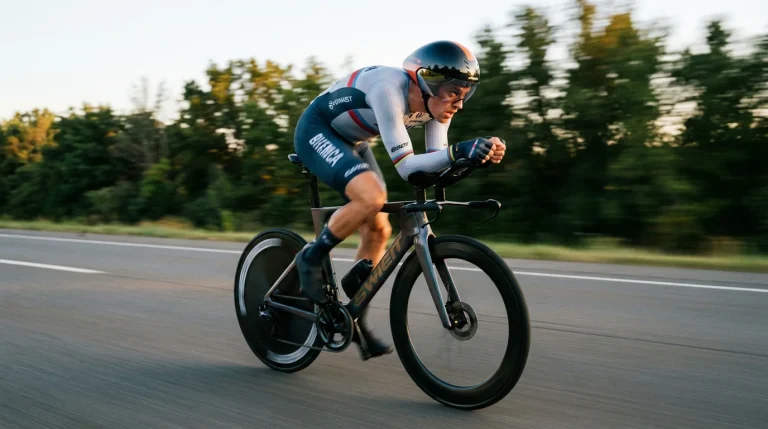Zeitfahrer in aerodynamischer Position auf Zeitfahrrad